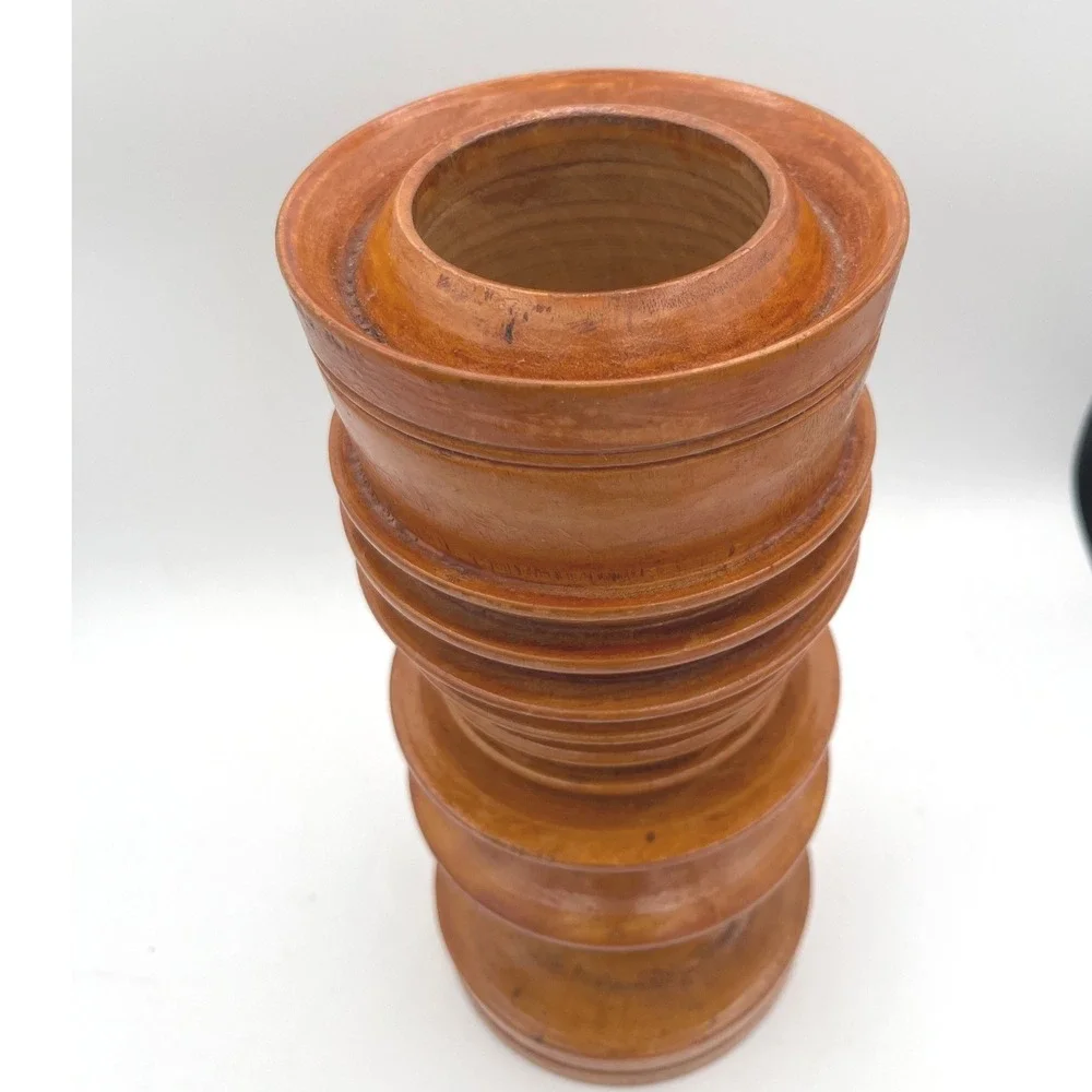 Vintage Hand Turned Tiered Ribbed‎ Wood Vase MCM Pedestal Organic